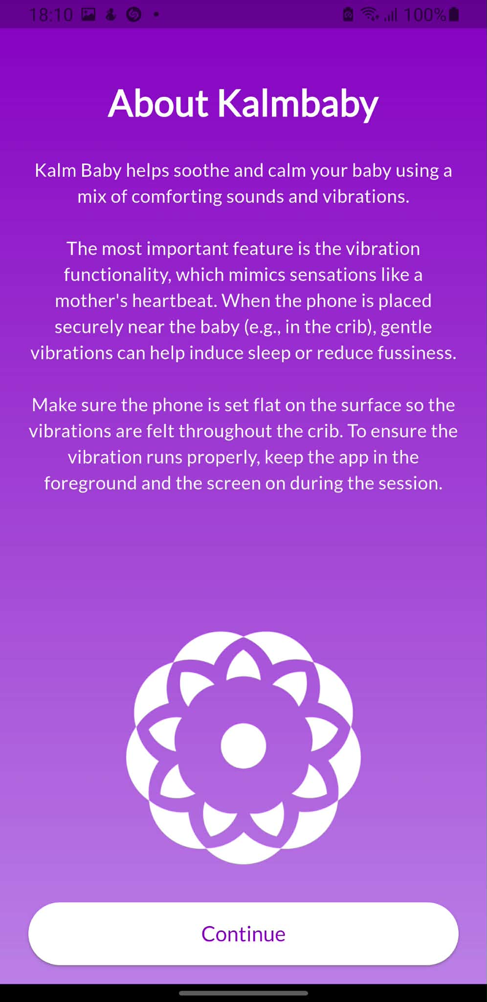 About KalmBaby screen describing the vibration functionality
