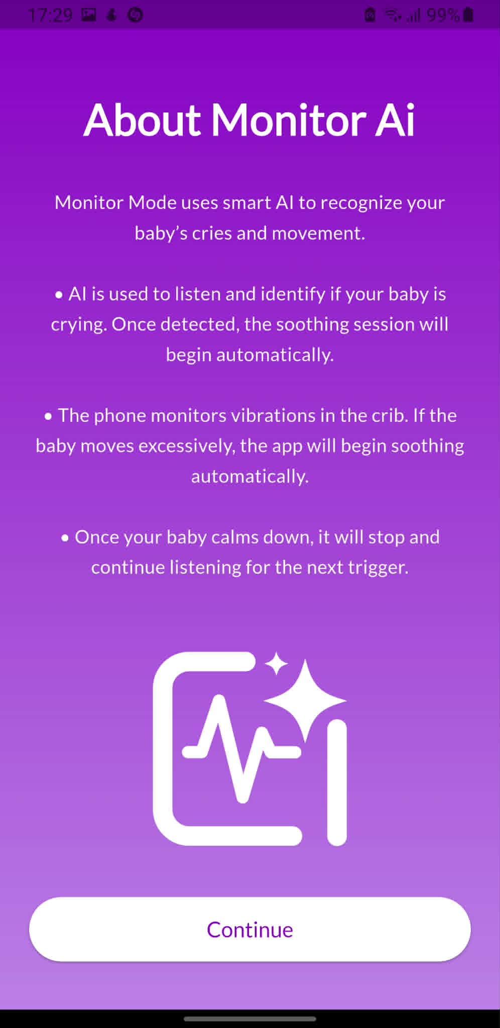 About Monitor AI screen explaining crying and movement detection