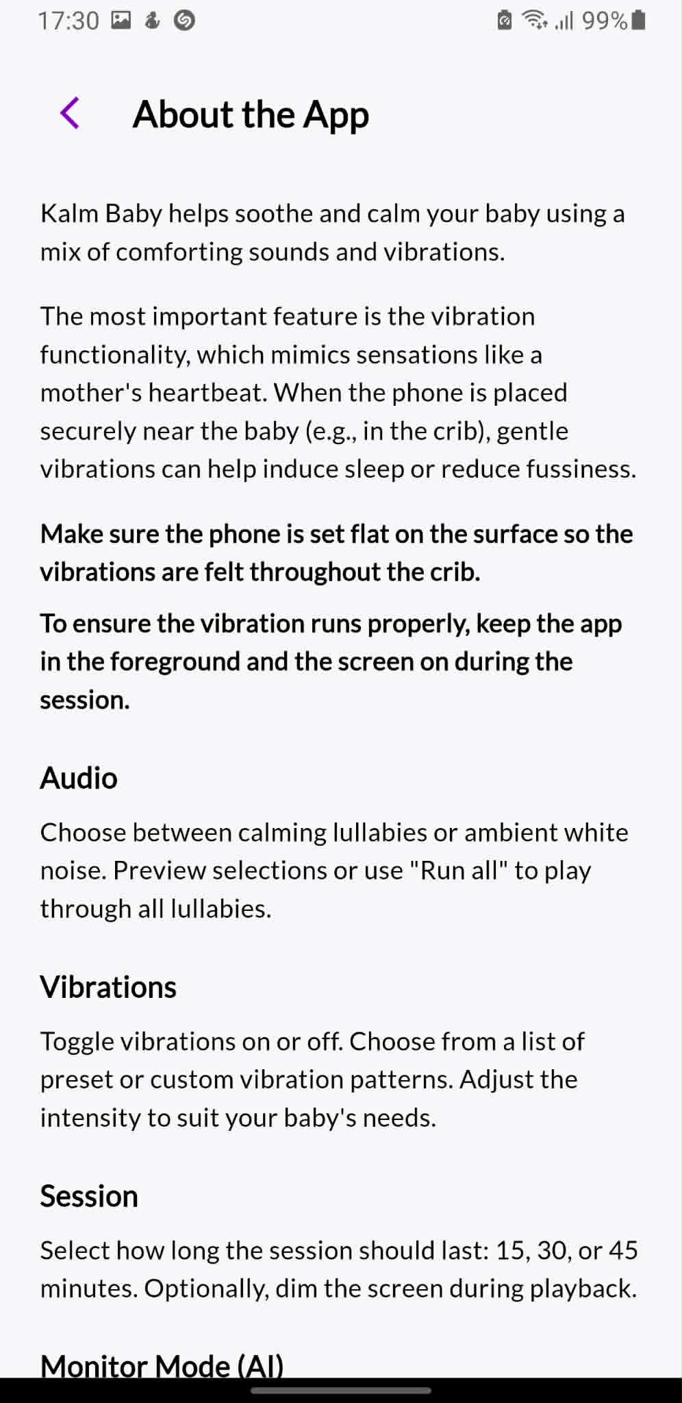 About the App screen describing audio, vibrations, session and monitor mode