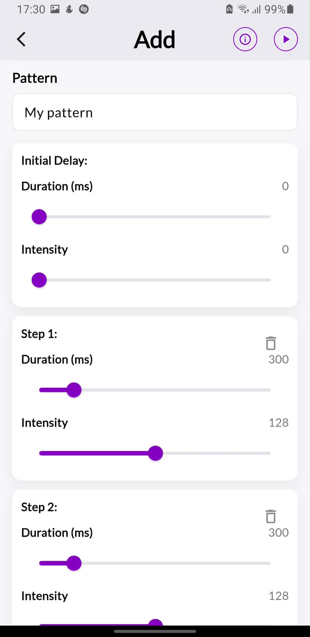 Add custom vibration pattern screen with duration and intensity sliders