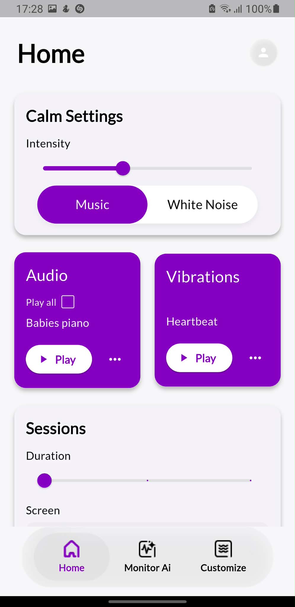 KalmBaby home screen with calm settings, audio and vibration controls