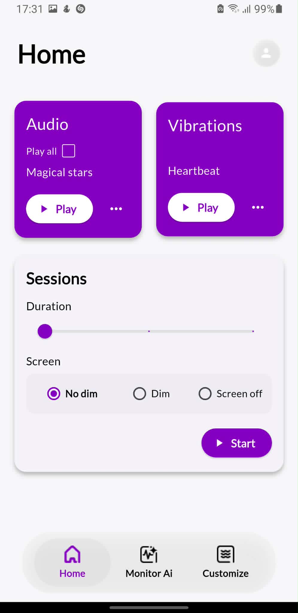 KalmBaby session section with duration and screen options