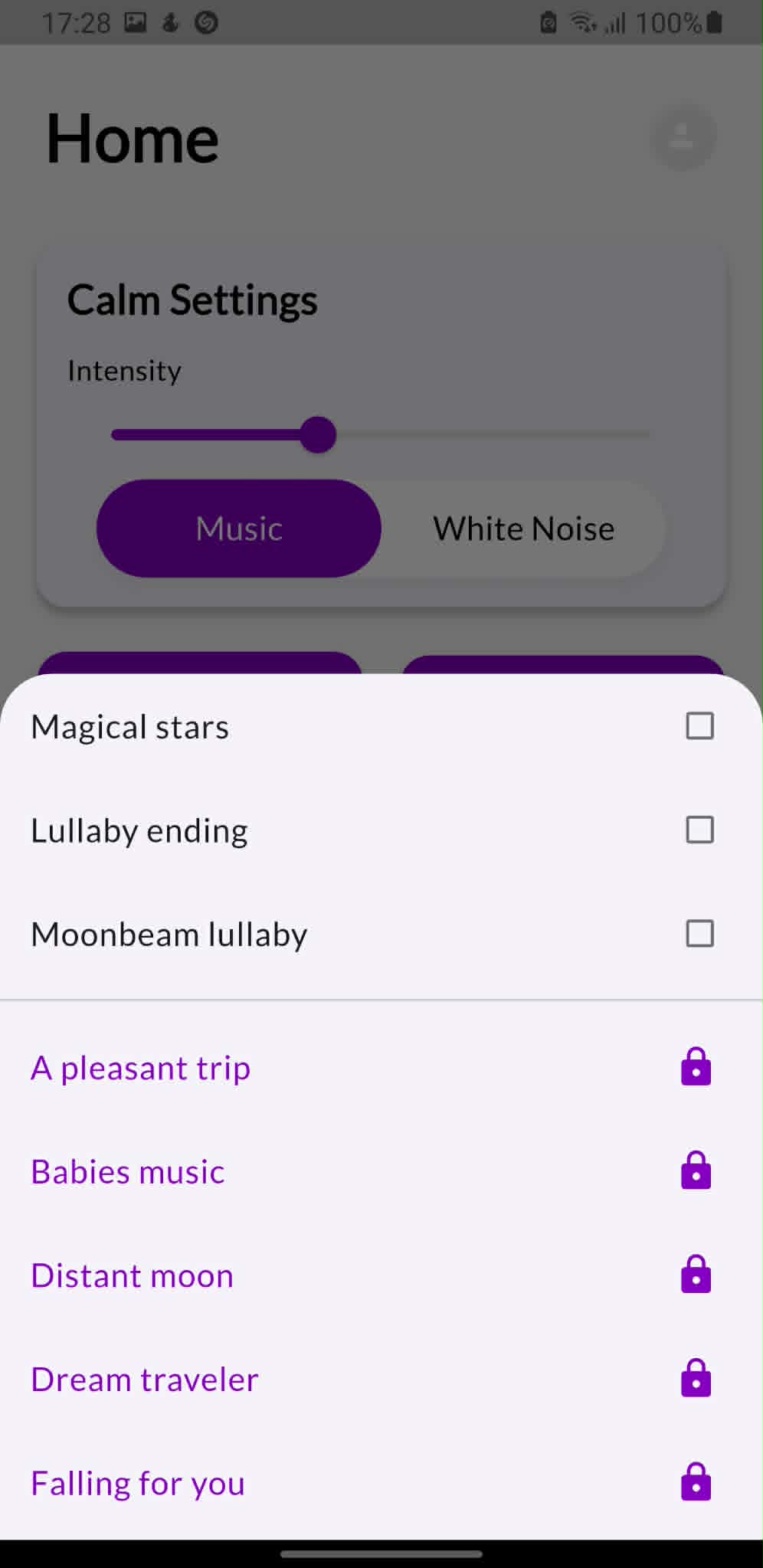 KalmBaby lullaby selection list with free and locked premium sounds